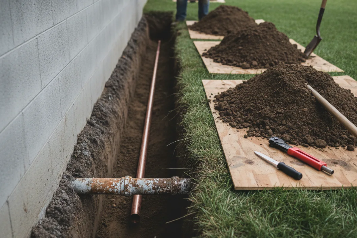 Excavated water line trench during Water Heater Repair in Mukwonago